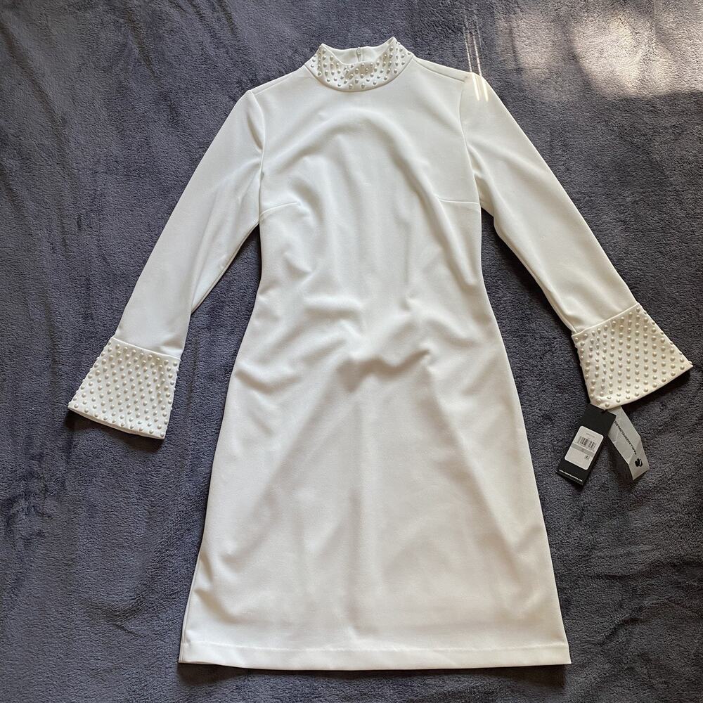 Karl Lagerfeld Paris Dress Sz 0 Pearl Trim bell Sleeve for wedding &bachelorette